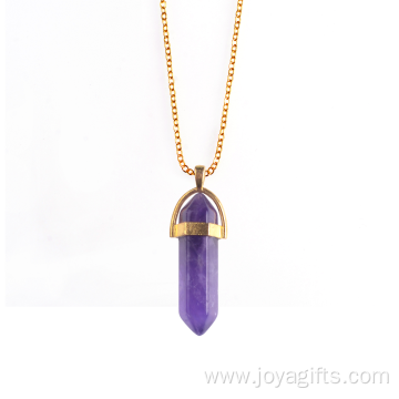 Natural Amethyst Stone Hexagon Gold Healing Pendulum Necklace